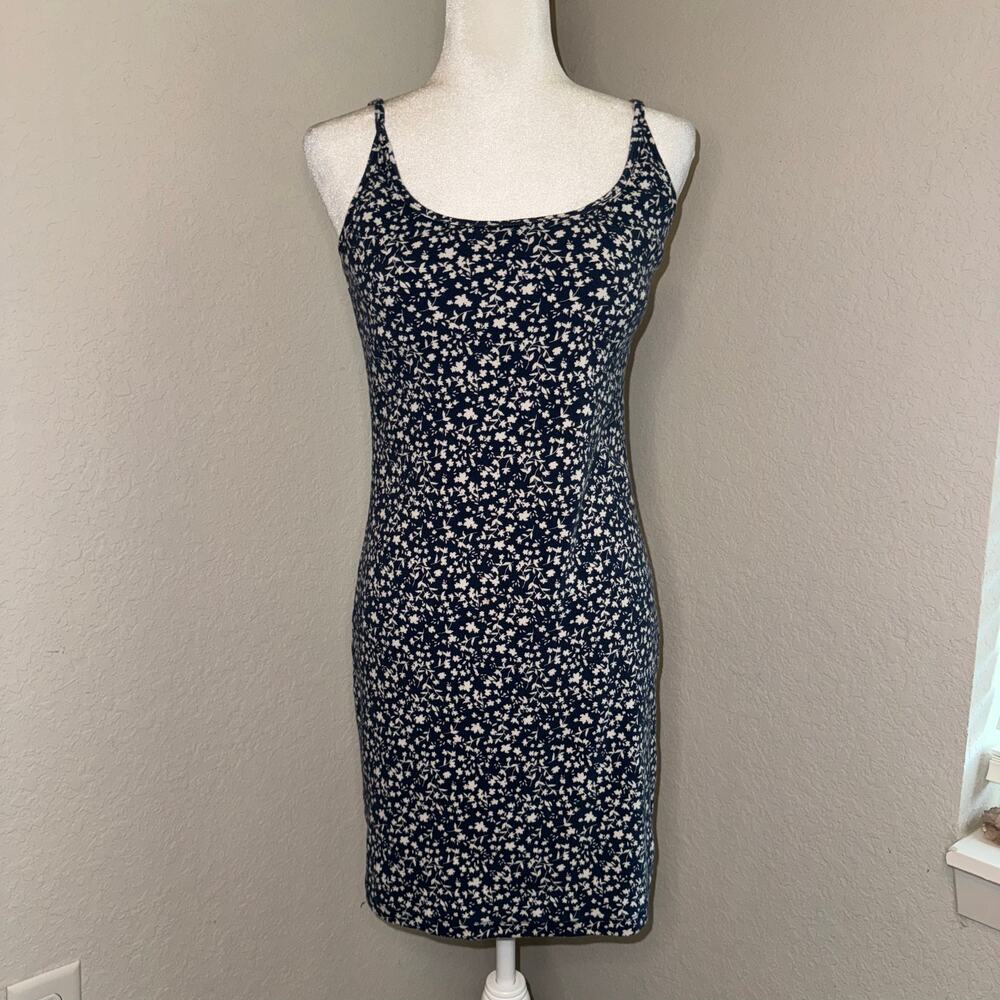 Old Navy Fitted Rib-Knit Mini Dress Blue Ditsy Floral Women's Size Large Casual